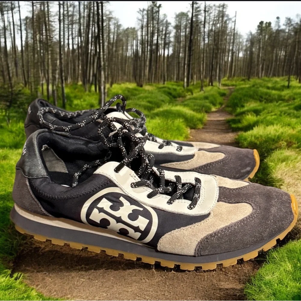 Tory Burch Black and Cream Women's Annie nylon suede runner Sneakers size 6